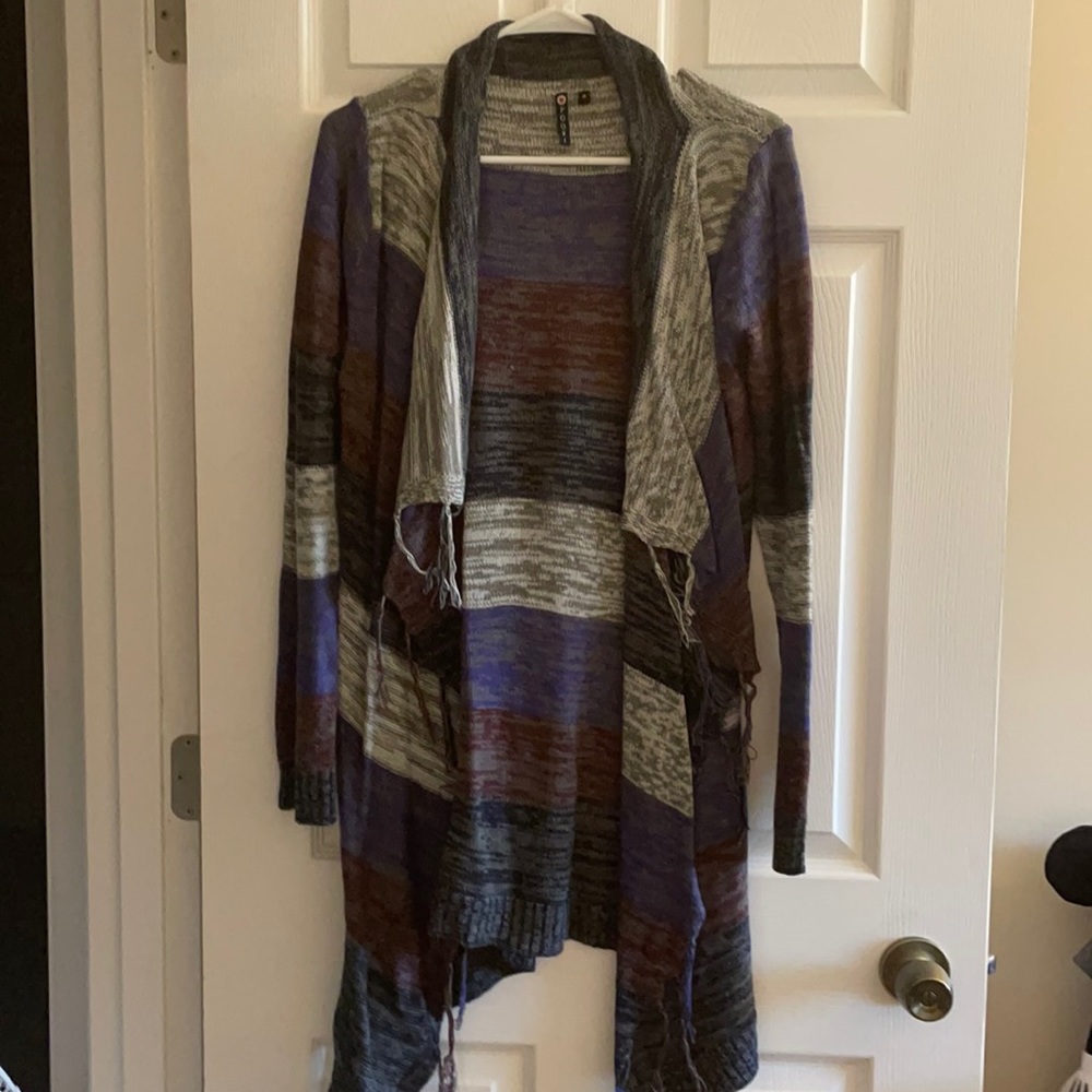 Purple red and grey striped cardigan sweater, M